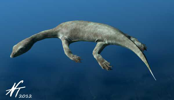 An illustration of Qianxisaurus chajiangensis, swimming.