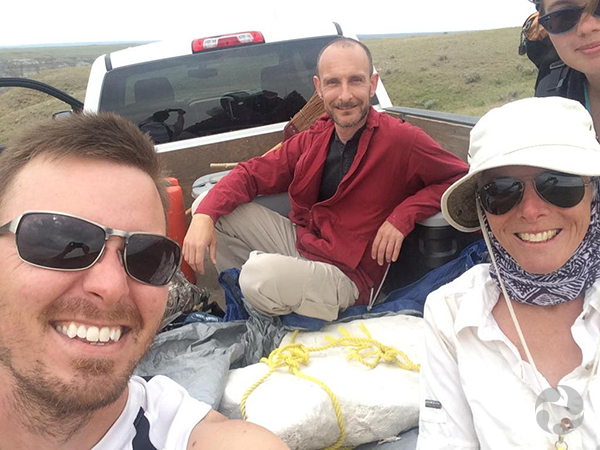 A selfie shows the palaeontology team in the back of a pick-up truck, which is loaded with the Centrosaurus skull wrapped in a plaster jacket.